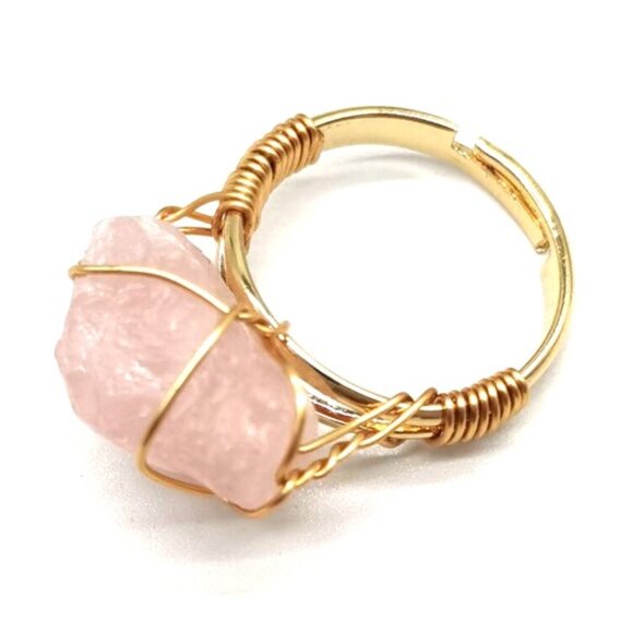 3/$35 Gold Plated Wire Wrapped Ring Natural Stone Pink Crystal Jewelry - Picture 5 of 5